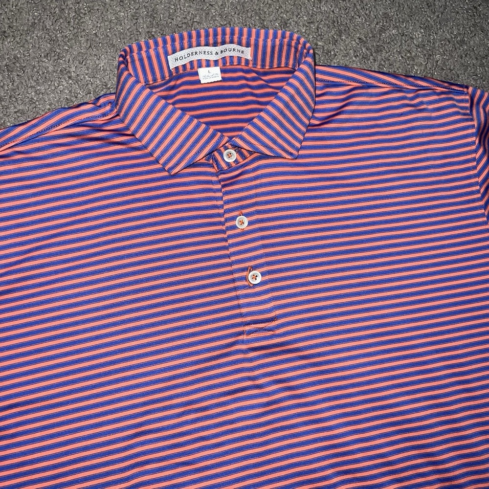 Holderness & Bourne The Maxwell Golf Polo Shirt Mens Large Pink Striped Logo